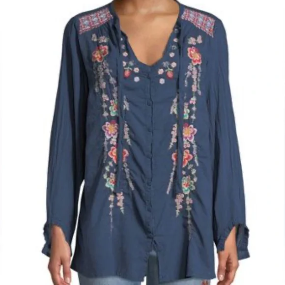 Johnny Was Alaura heavily embroidered tie neck blouse NWT